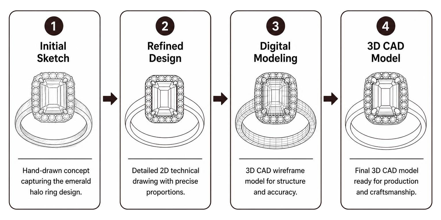 Custom ring design process from initial sketch to 3D CAD modeling Custom ring design process from initial sketch to 3D CAD modeling