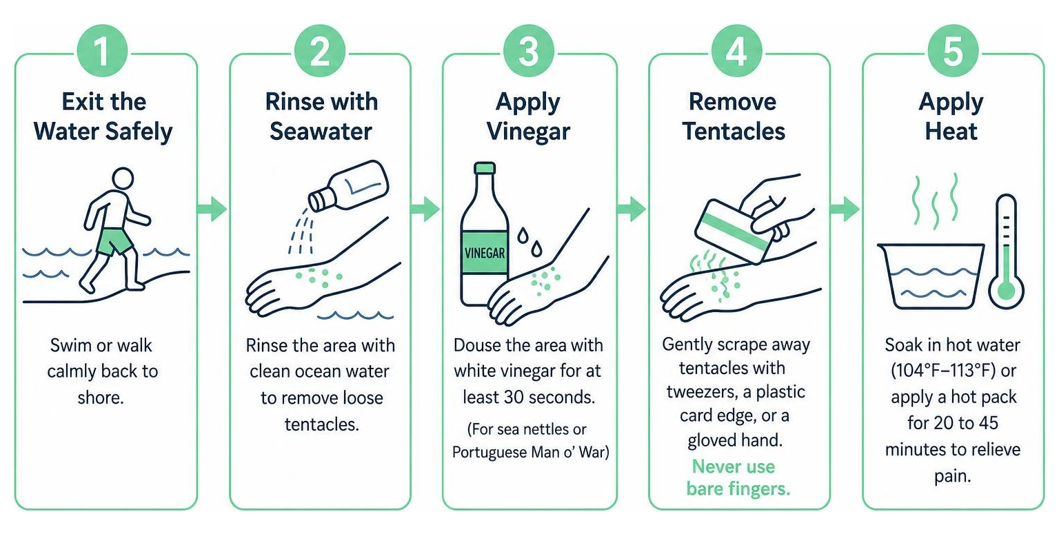 Diagram of jellyfish sting first aid response steps Diagram of jellyfish sting first aid response steps