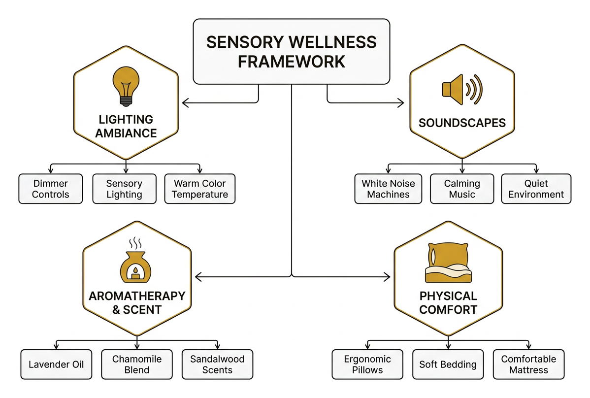 Framework of sensory wellness elements combining lighting sound aroma and physical comfort