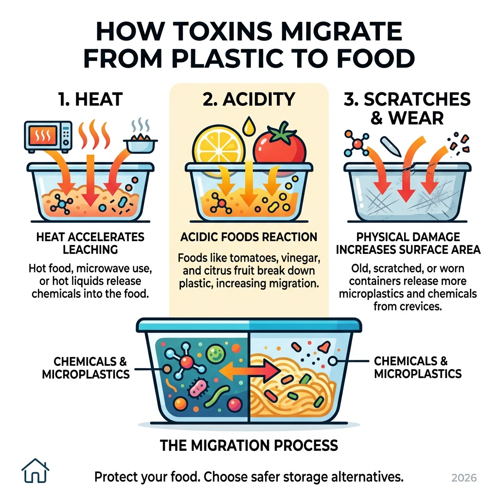 Infographic showing how toxins migrate from plastic containers into food via heat, acidity, and scratches - non toxic food Infographic showing how toxins migrate from plastic containers into food via heat, acidity, and scratches - non toxic food