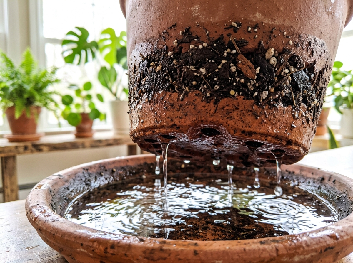 water draining from the bottom of a terracotta pot - how to keep succulents alive indoors