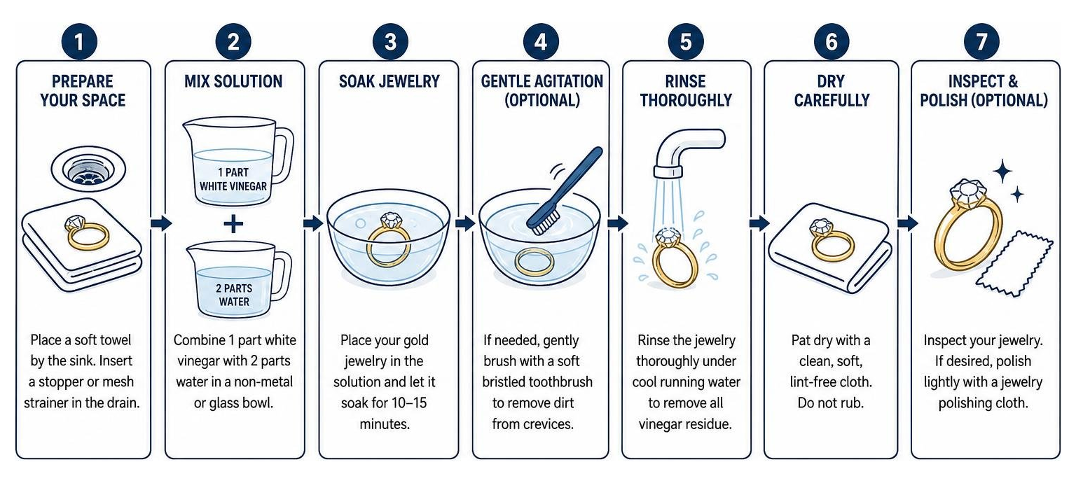 diagram showing the step-by-step process of cleaning gold jewelry with vinegar diagram showing the step-by-step process of cleaning gold jewelry with vinegar