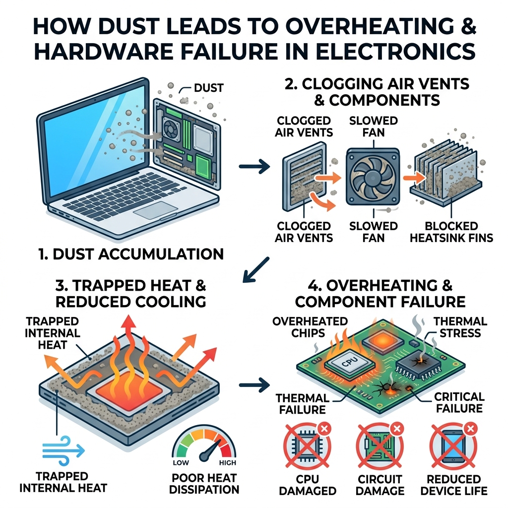 infographic showing how dust buildup leads to overheating and hardware failure in electronics - compressed air duster