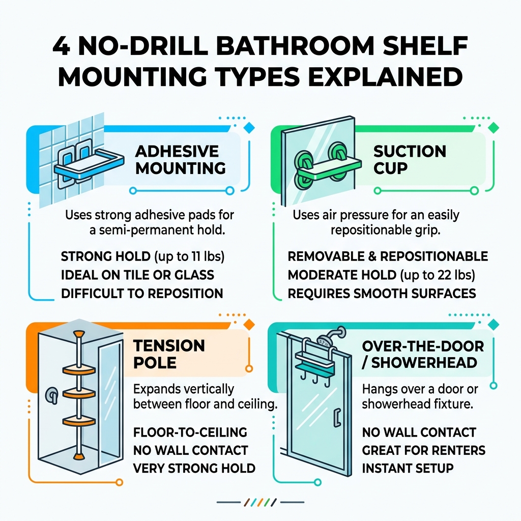 4 main no-drill bathroom shelf mounting types explained with icons and descriptions - bathroom shelf without drilling