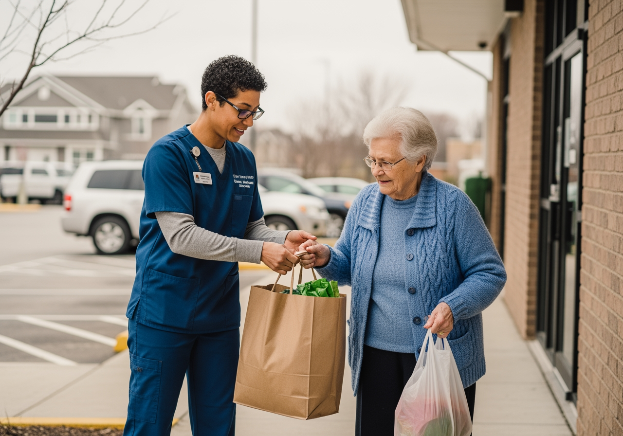 Community health worker assisting an elderly person with groceries - Comprehensive Health Management