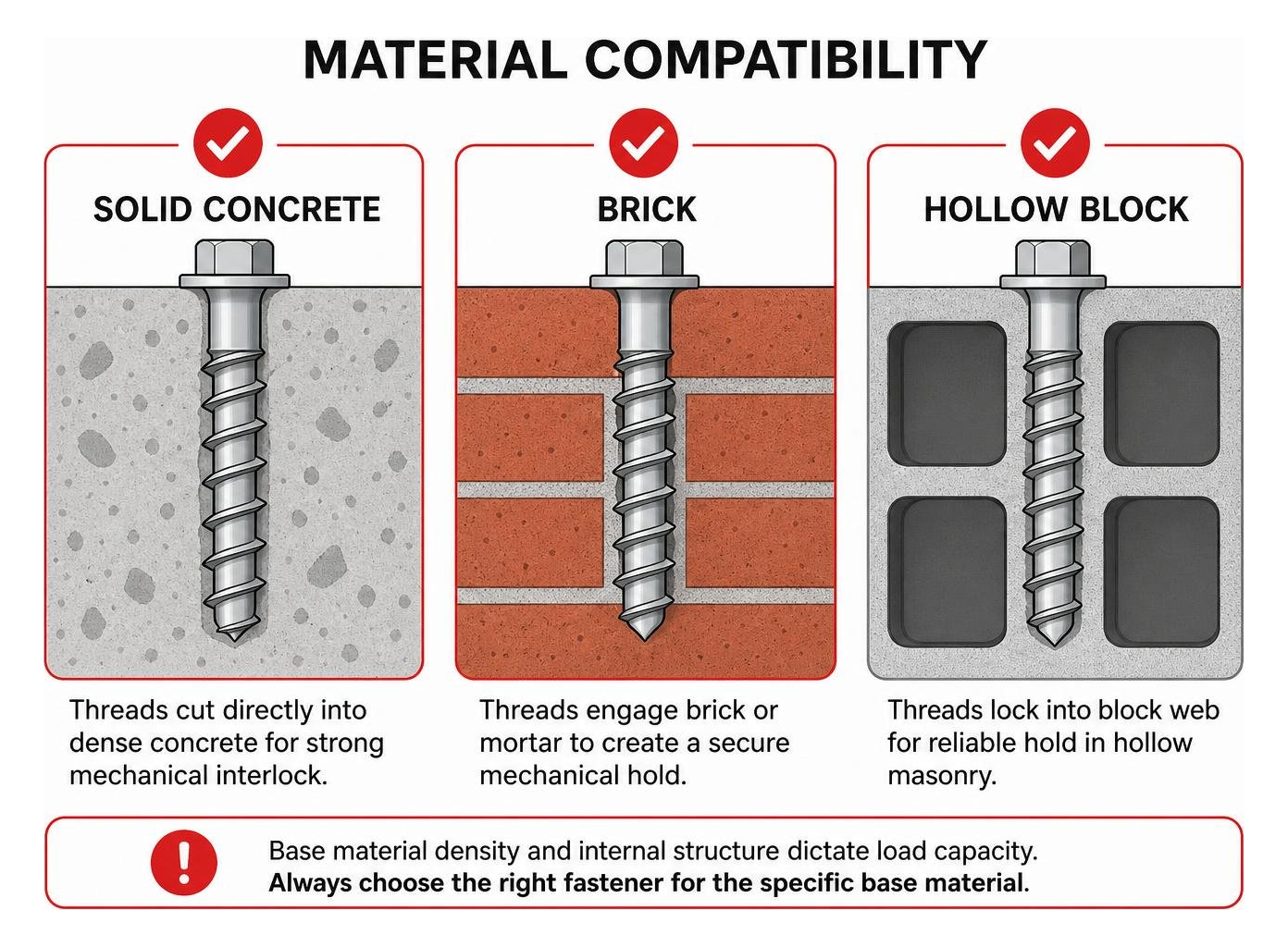 Material compatibility across solid concrete, brick, and hollow block Material compatibility across solid concrete, brick, and hollow block