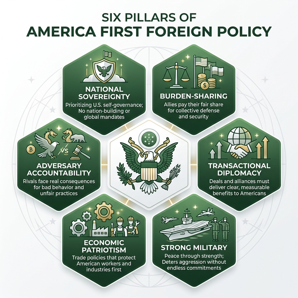 Six Pillars of America First Foreign Policy: Sovereignty, Burden-Sharing, Transactional Diplomacy, Strong Military, Economic