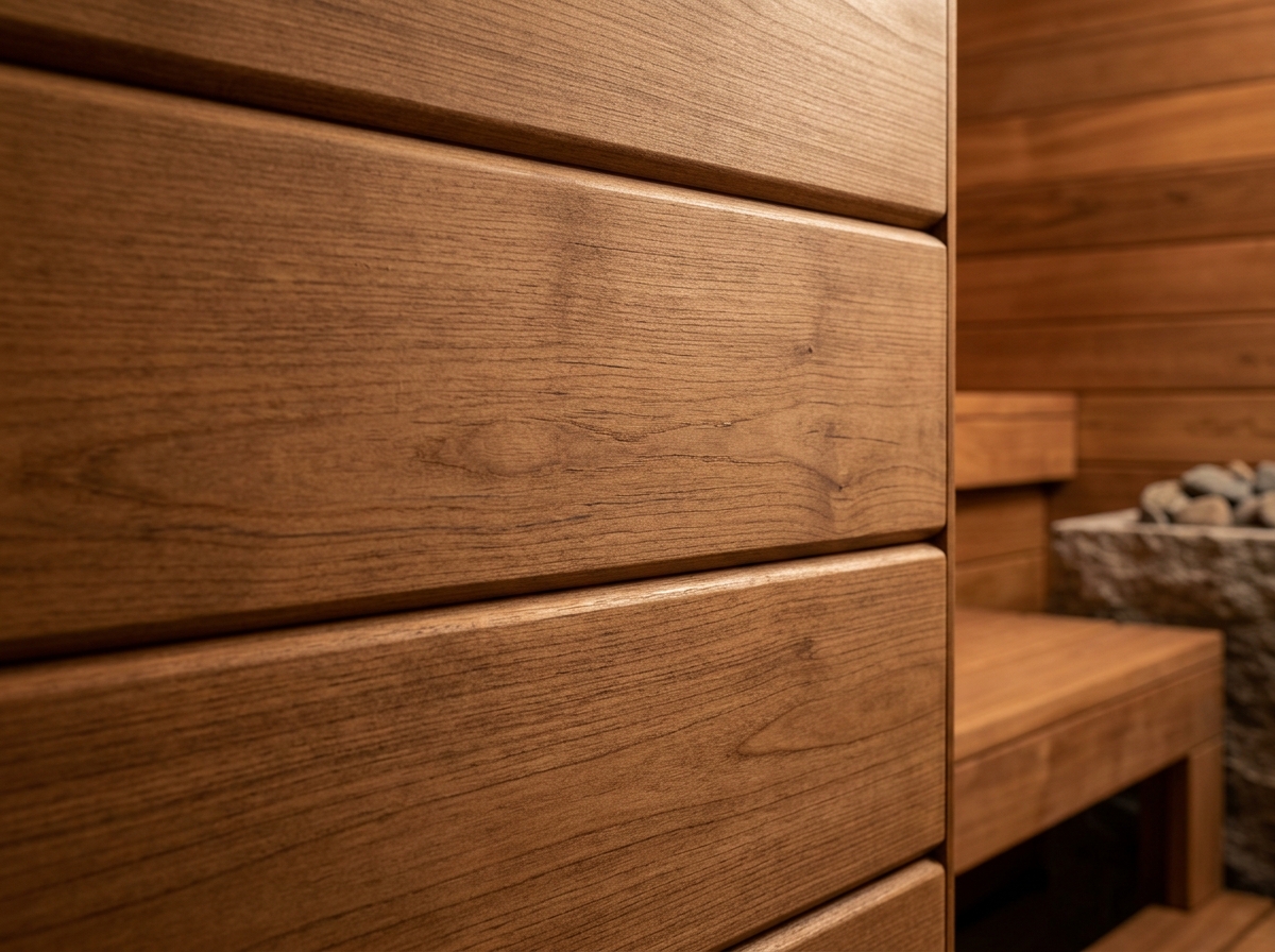 Close up texture of Auroom Thermo-aspen wood showing smooth finish and rich color - auroom sauna price Close up texture of Auroom Thermo-aspen wood showing smooth finish and rich color - auroom sauna price