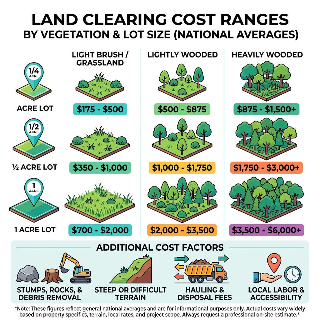 infographic showing land clearing cost ranges by vegetation type and lot size - land clearing cost infographic infographic showing land clearing cost ranges by vegetation type and lot size - land clearing cost infographic