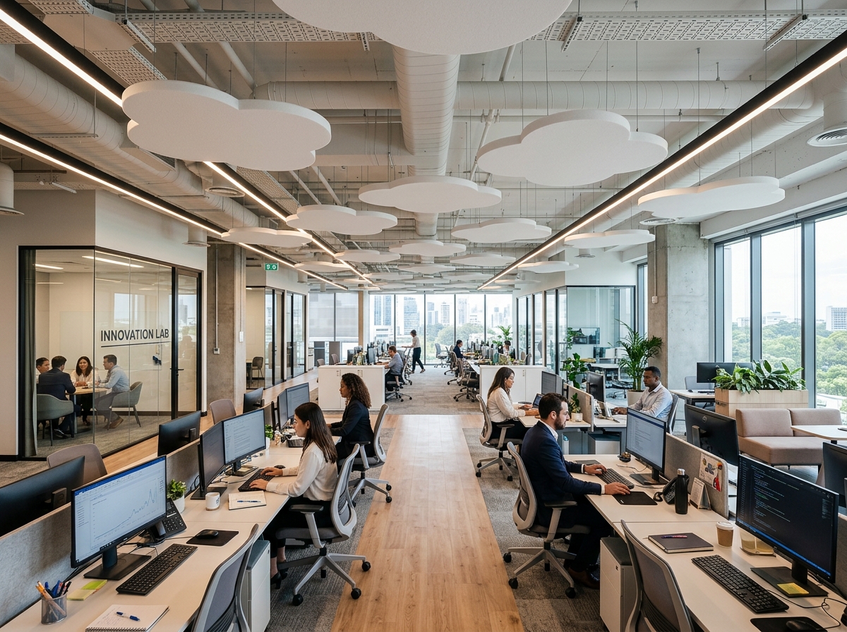 modern office with suspended white acoustic foam clouds - acoustic foam panels for ceiling modern office with suspended white acoustic foam clouds - acoustic foam panels for ceiling