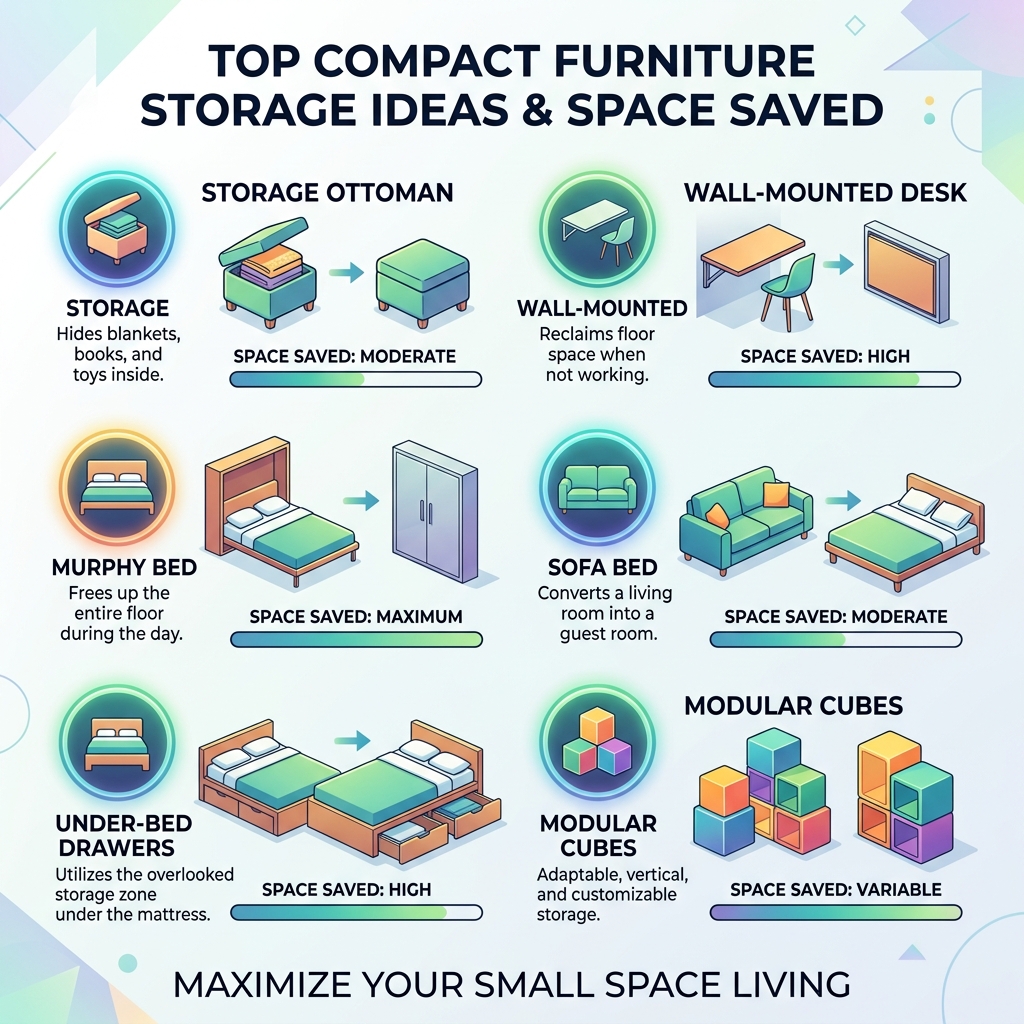 Infographic showing top compact furniture storage ideas with space saved per solution - compact furniture storage ideas