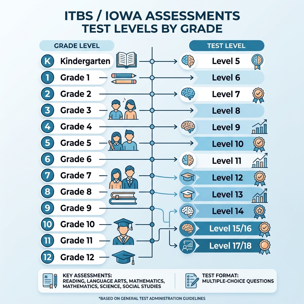 ITBS test levels and corresponding grade levels from Kindergarten through Grade 12 - practice itbs test free online