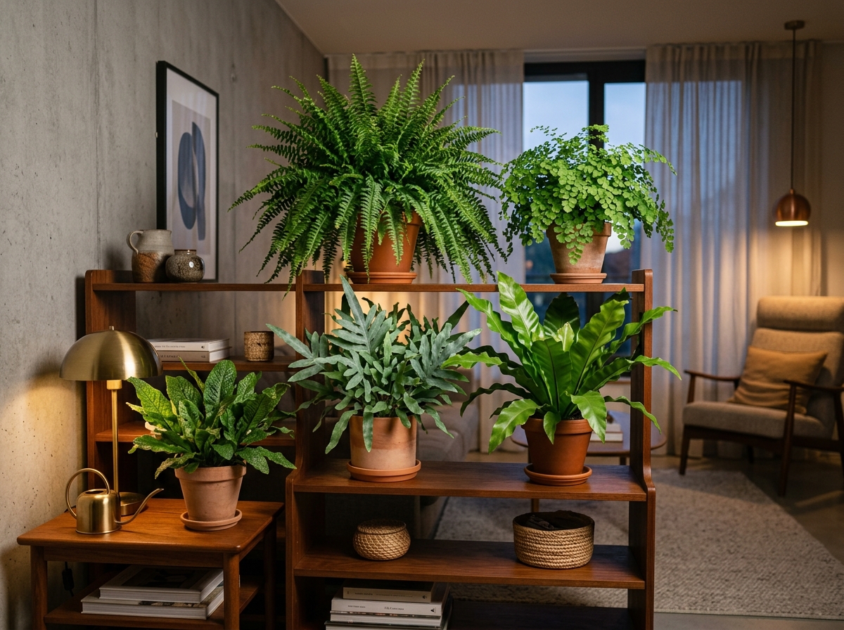 various fern species grouped together in a stylish dim room - ferns for dark rooms
