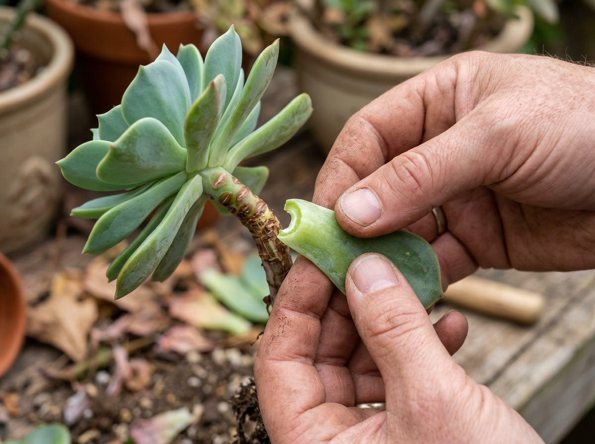 The clean snap technique showing an intact leaf base for successful propagation - succulent propagation from leaf