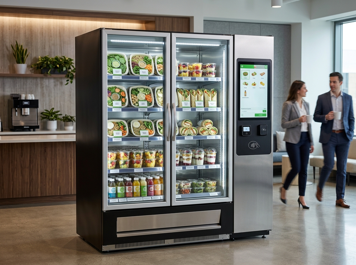 A sleek modern refrigerated vending kiosk with a touchscreen interface - fresh food vending options
