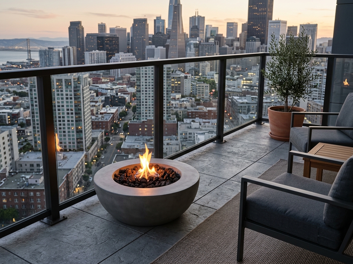 low-profile concrete fire bowl on a modern balcony - minimalist balcony fire pit