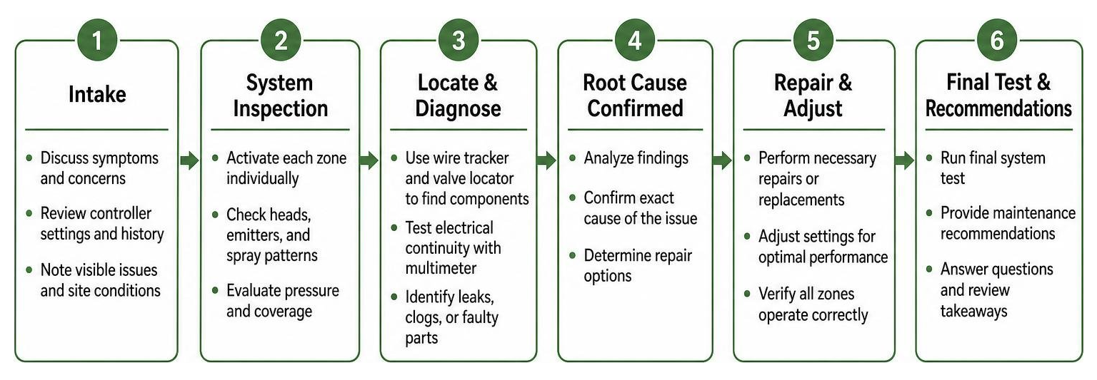 Diagram of professional irrigation diagnostic workflow