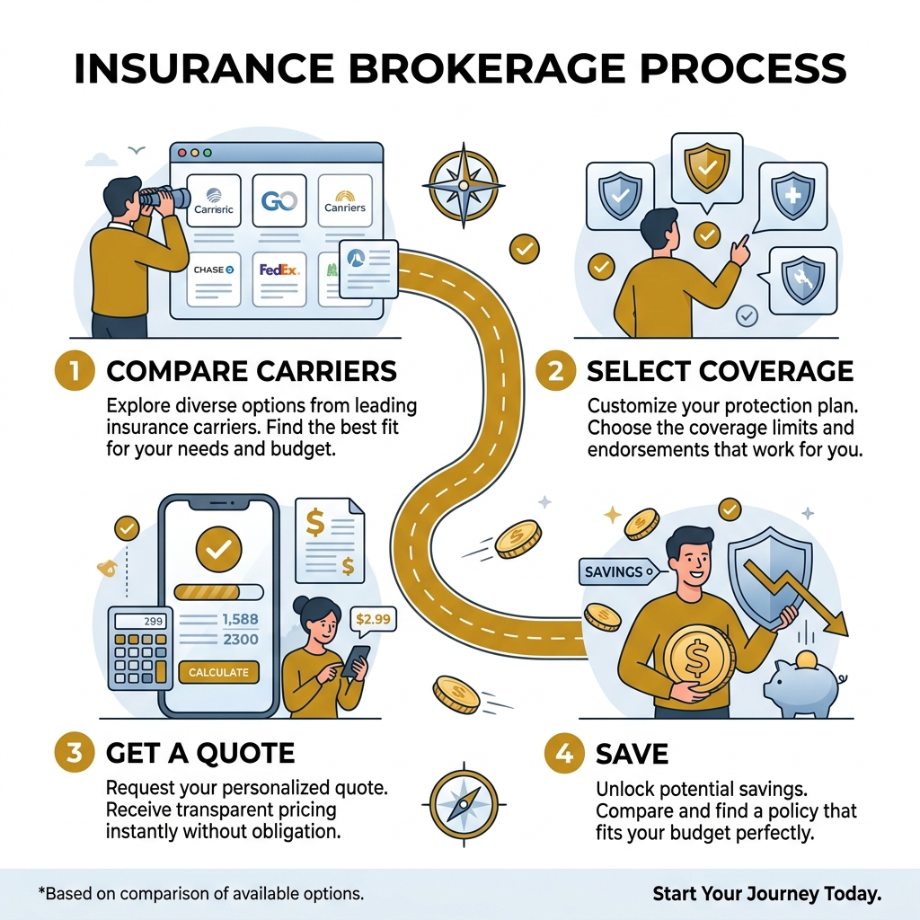 Infographic showing the insurance brokerage process: compare carriers, select coverage, get a quote, and save - insurance