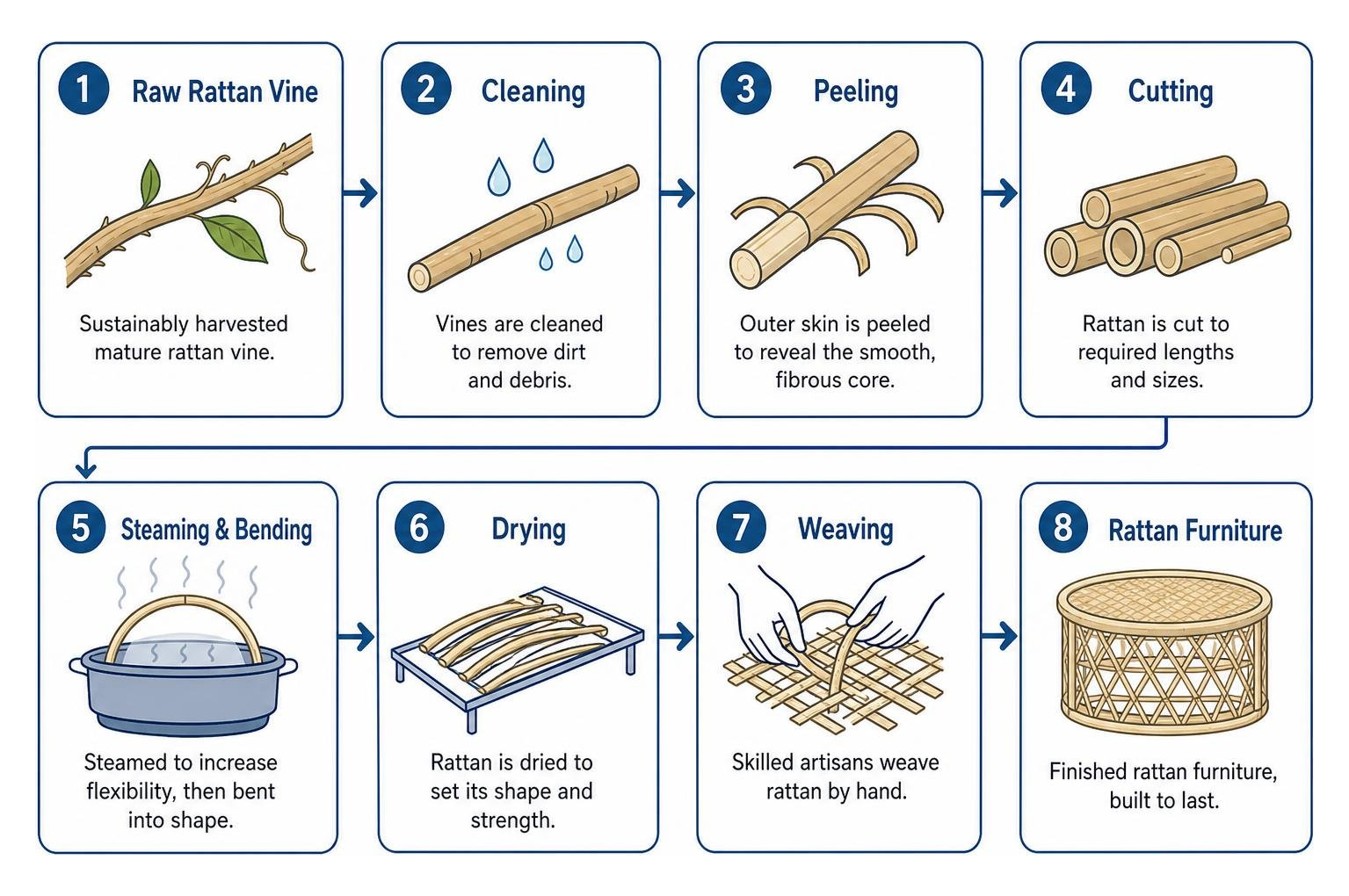 Rattan processing steps from raw vine to woven furniture Rattan processing steps from raw vine to woven furniture
