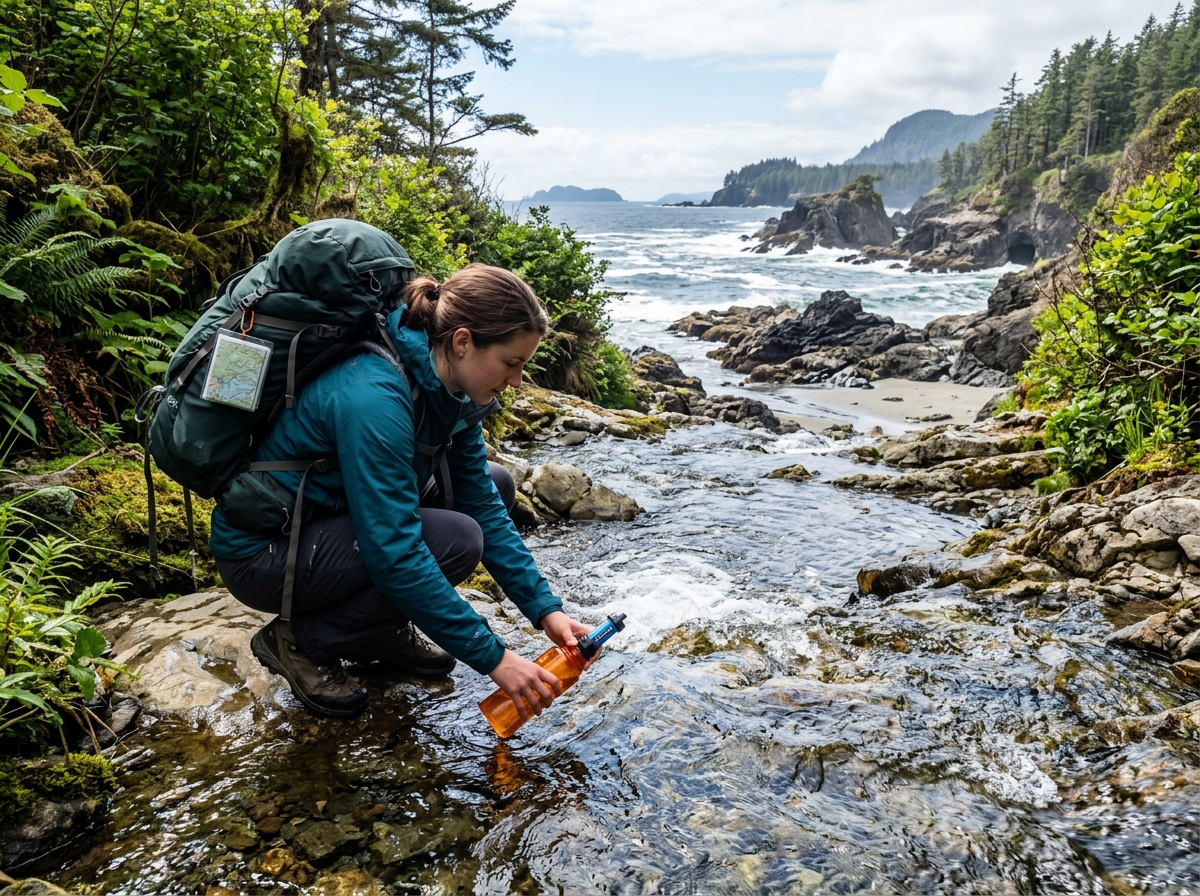 A hiker collecting water from a coastal stream on Vancouver Island - west coast trail water sources A hiker collecting water from a coastal stream on Vancouver Island - west coast trail water sources