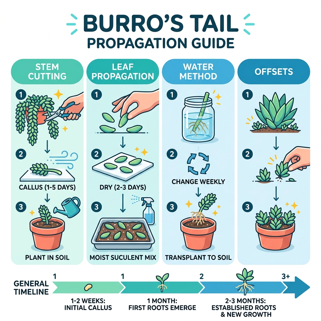Burro's Tail propagation methods infographic showing stem cutting, leaf propagation, water method, and timeline - burro tail Burro's Tail propagation methods infographic showing stem cutting, leaf propagation, water method, and timeline - burro tail