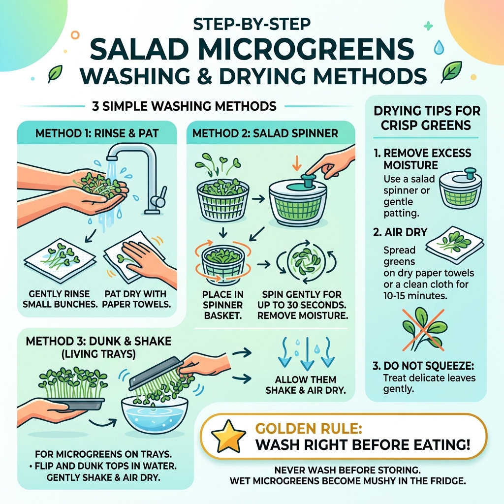 Step-by-step salad microgreens washing method infographic showing 3 methods and drying tips - salad microgreens washing
