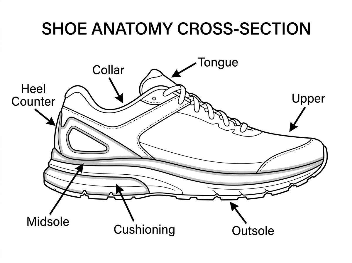 Diagram of shoe anatomy highlighting cushioning, heel counter, and midsole - a good shoe for standing all day