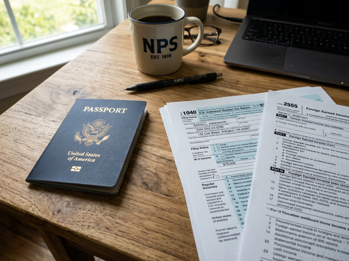 US passport and various federal tax forms like 1040 and 2555 - expat tax filing online