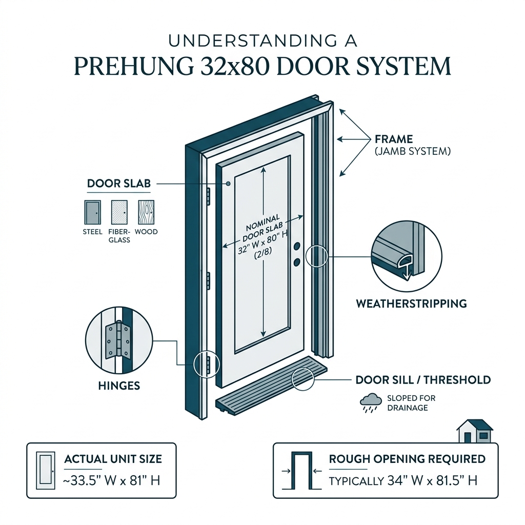 Infographic showing components of a prehung 32x80 door system including frame, jamb, sill, and weatherstripping - 32x80 Infographic showing components of a prehung 32x80 door system including frame, jamb, sill, and weatherstripping - 32x80