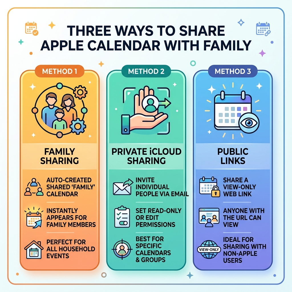 Three ways to share Apple Calendar with family: Family Sharing, private iCloud sharing, and public links - sharing apple