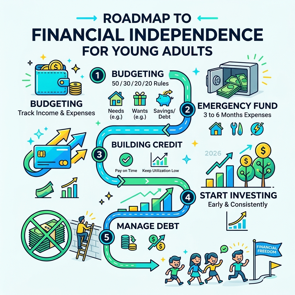 Roadmap to financial independence for young adults: budgeting, emergency fund, credit, investing, debt - financial tips for
