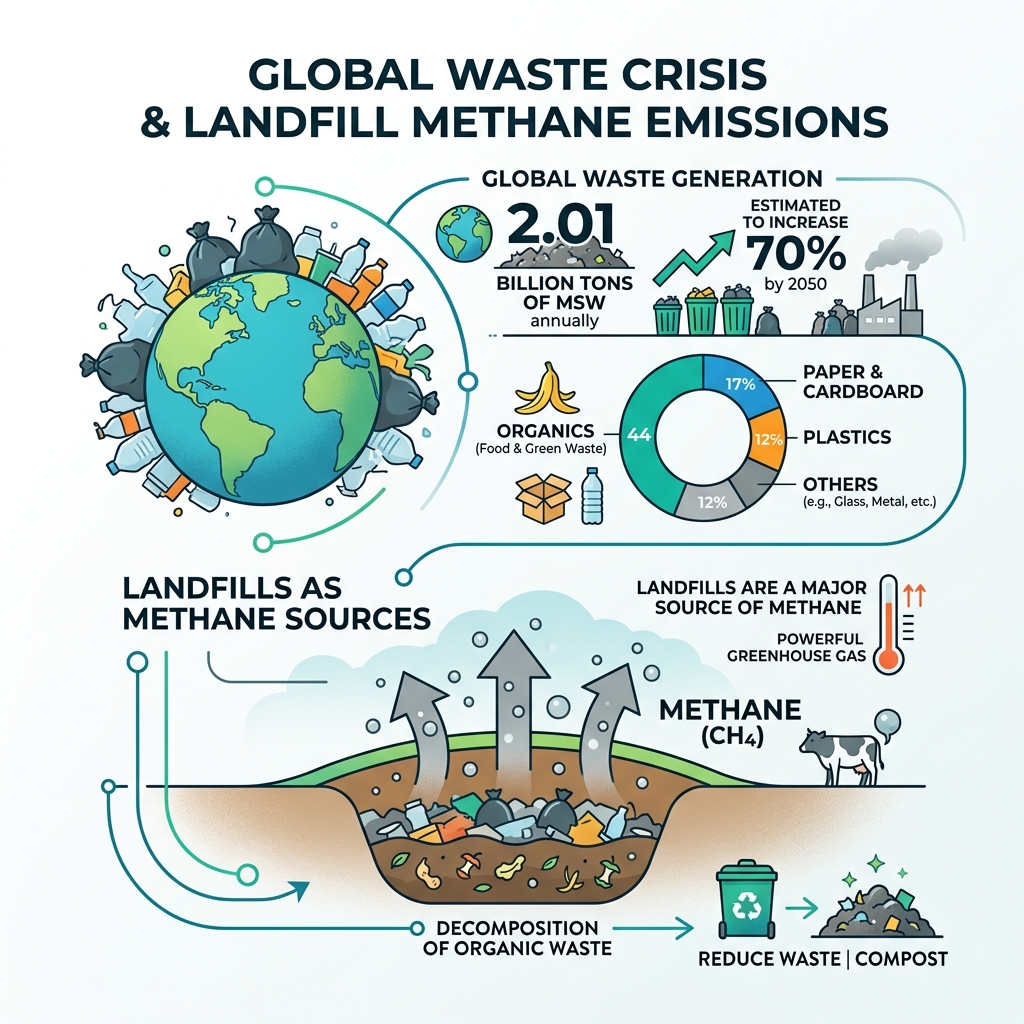 Global waste crisis statistics and landfill methane emissions infographic - tips for zero waste infographic Global waste crisis statistics and landfill methane emissions infographic - tips for zero waste infographic
