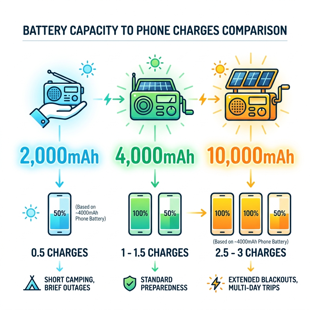 infographic comparing battery capacity to phone charging cycles - solar powered radios infographic 