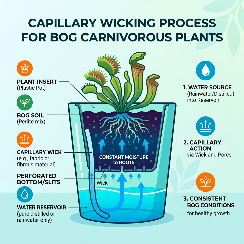Infographic showing capillary wicking process in self-watering pots for bog carnivorous plants - self watering pots for