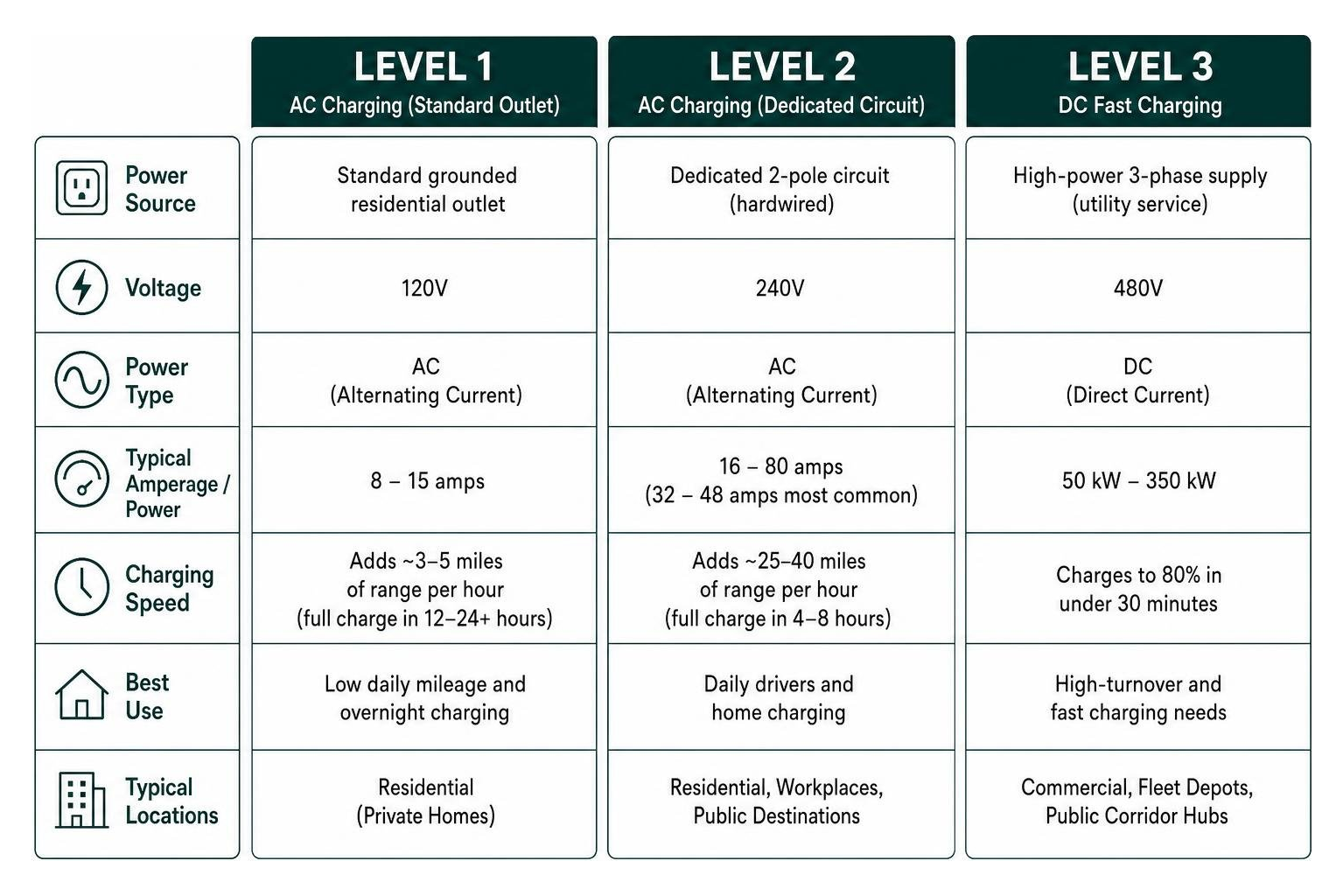 Level 1 Level 2 and Level 3 charging infrastructure comparison