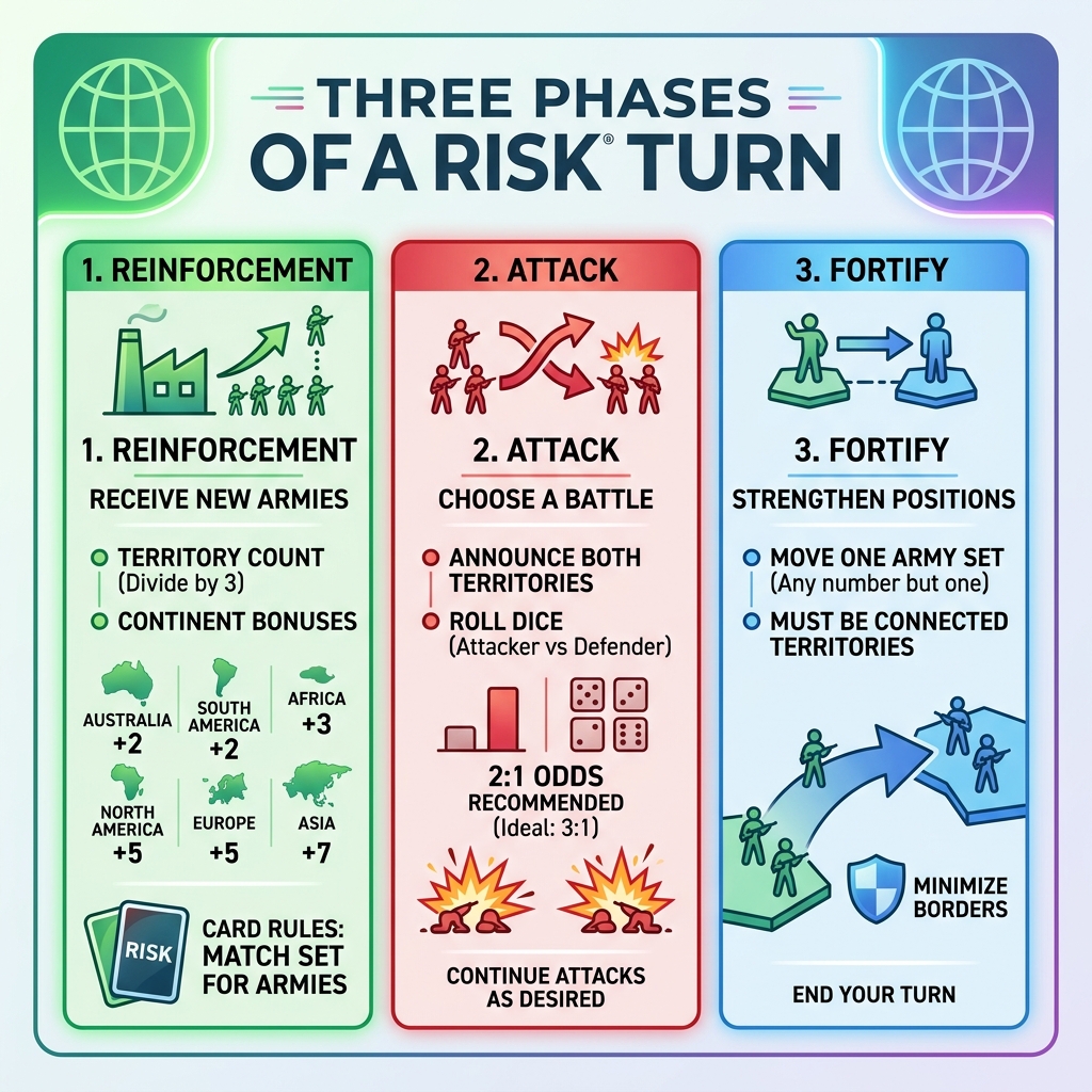 Three phases of a Risk turn: Reinforcement, Attack, Fortify with continent bonuses and card rules - risk board game strategy