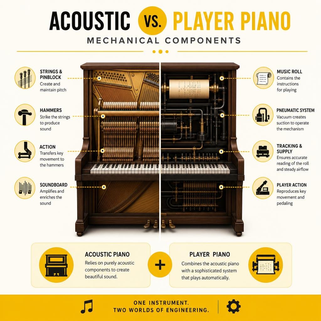 acoustic vs player piano mechanical components infographic