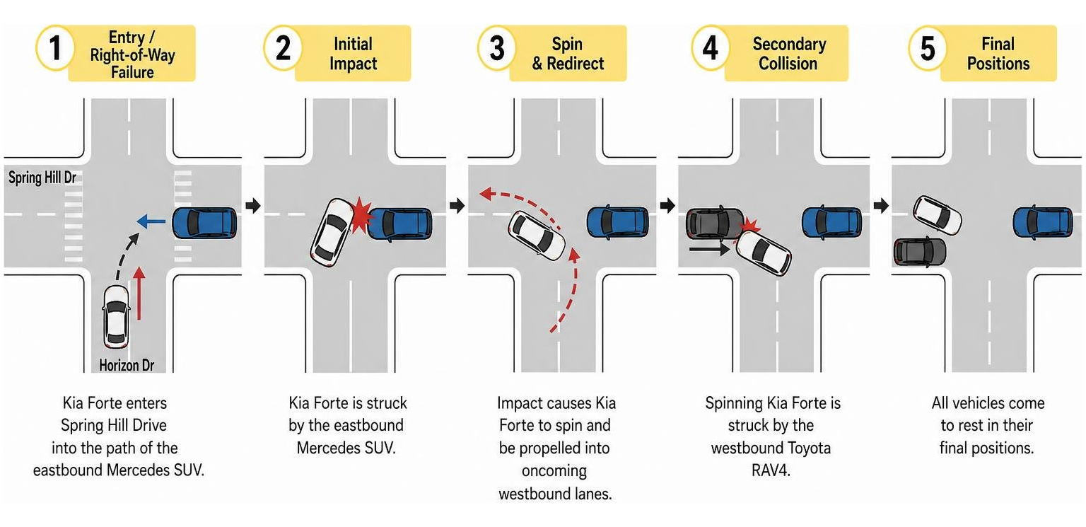Sequence of collision dynamics in intersection crashes