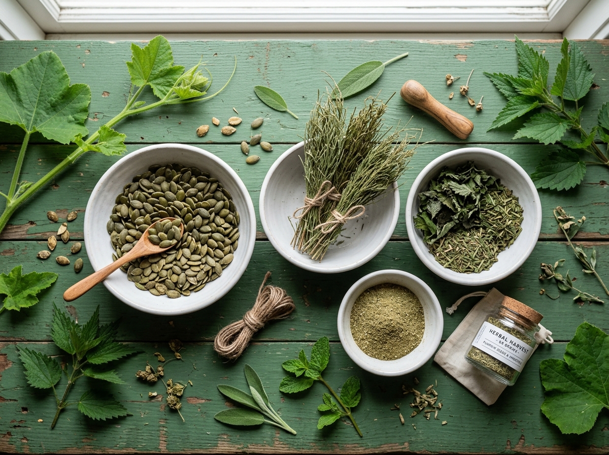 Natural herbal extracts like pumpkin seeds and horsetail used for bladder support - supplements for bladder health