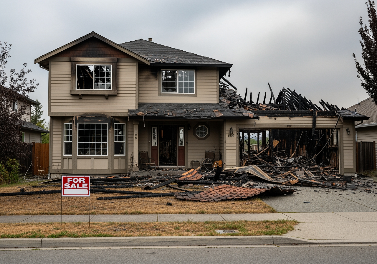 An example of a fire damaged house for sale