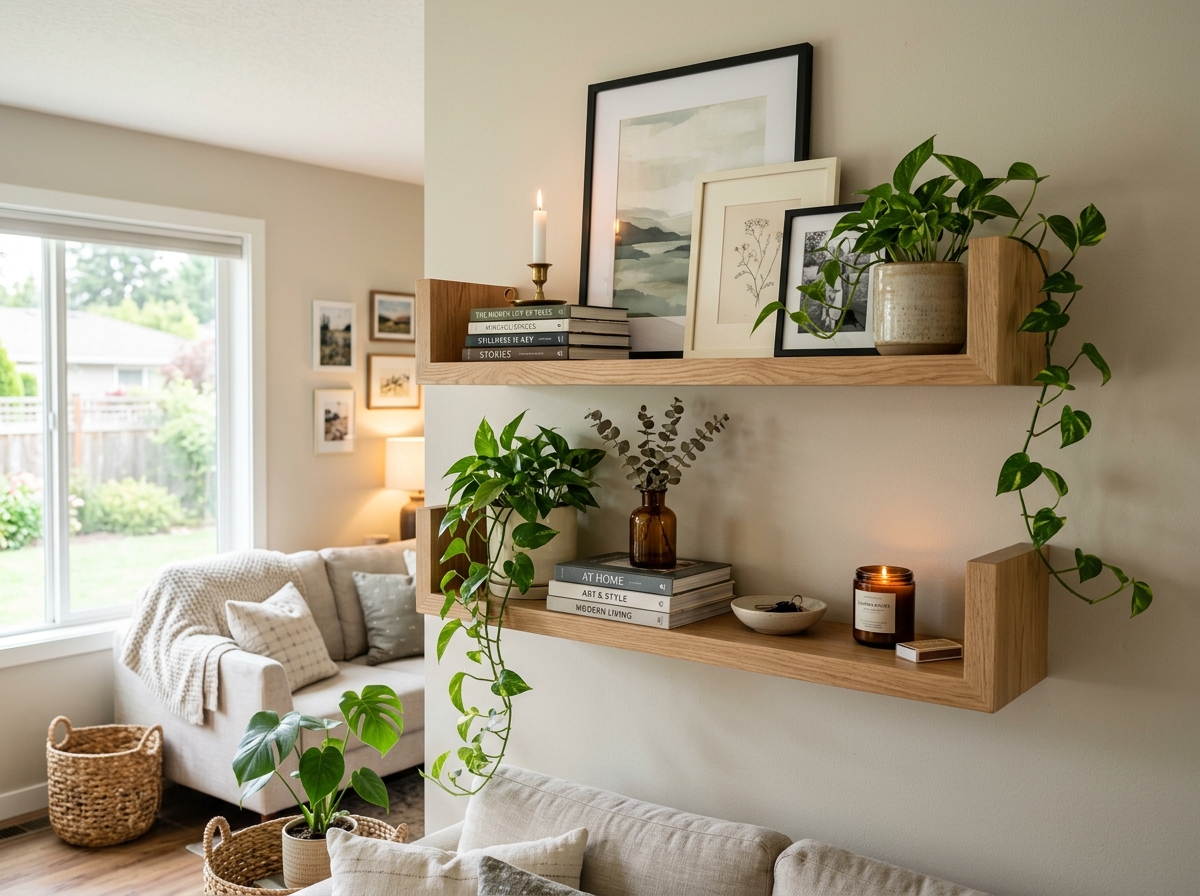 Styled U-shaped shelves in a living room featuring layered art, small plants, and candles - U shaped wall ledge Styled U-shaped shelves in a living room featuring layered art, small plants, and candles - U shaped wall ledge
