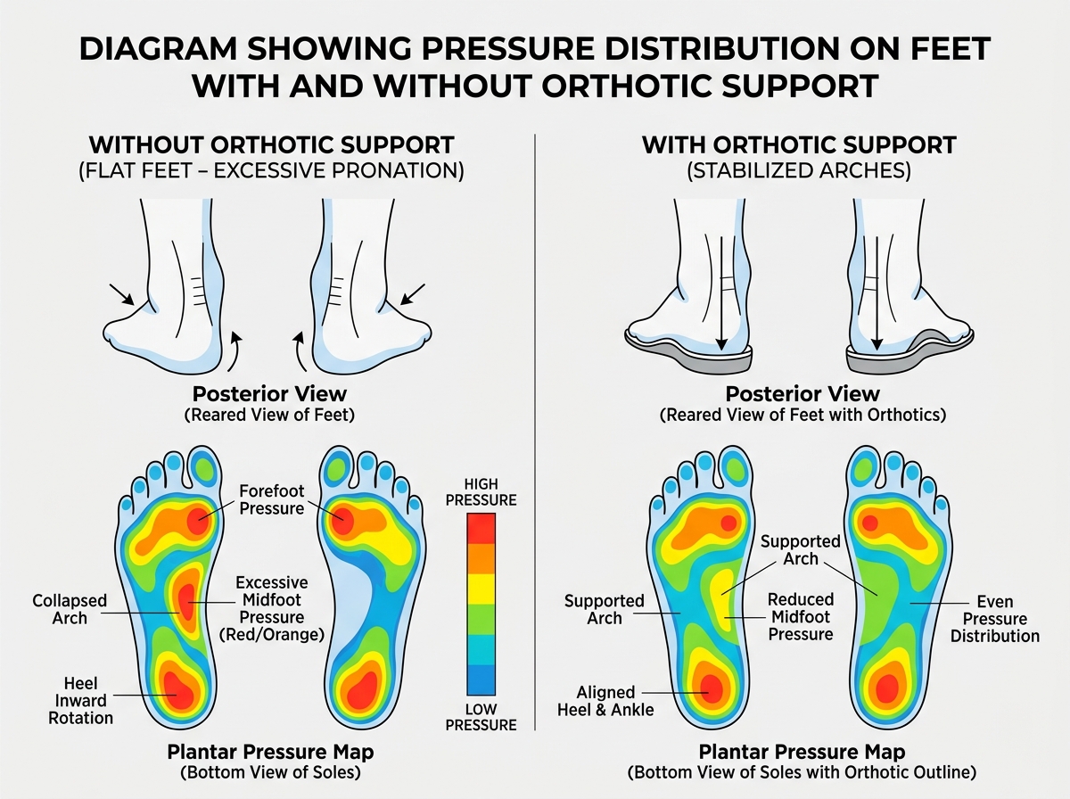Diagram showing pressure distribution with and without orthotic support - shoe inserts for flat feet Diagram showing pressure distribution with and without orthotic support - shoe inserts for flat feet