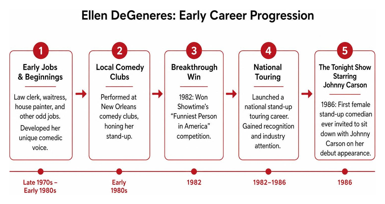 Diagram showing Ellen DeGeneres early career progression from comedy clubs to Johnny Carson