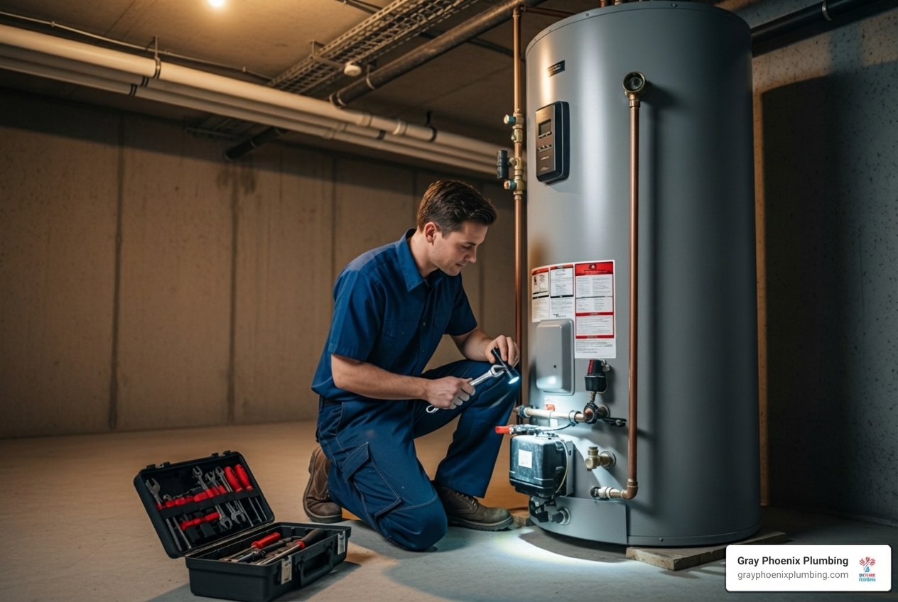 Technician performing maintenance on a water heater - hot water heater Aurora Technician performing maintenance on a water heater - hot water heater Aurora