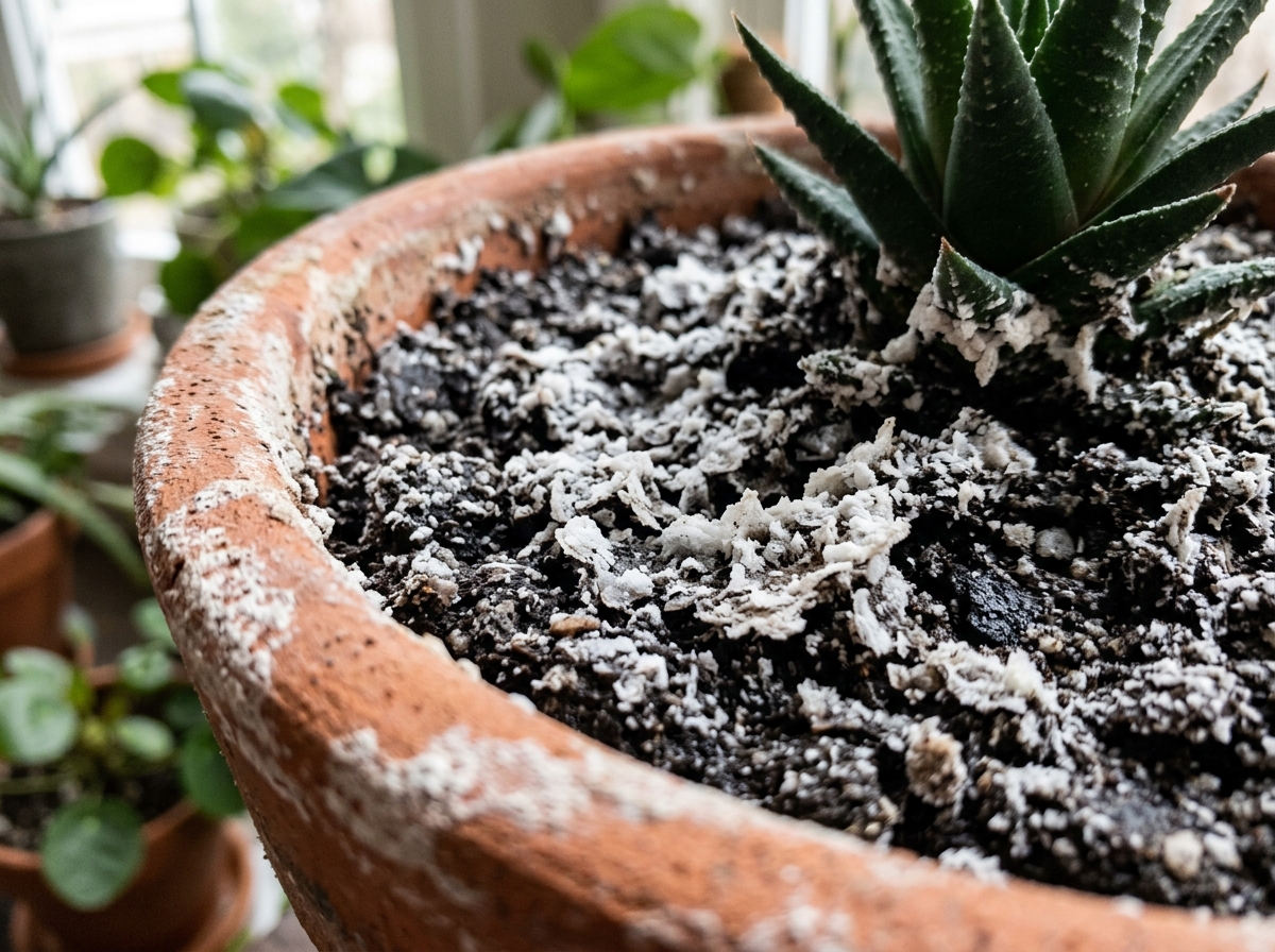 Close-up of a terracotta pot with white crusty salt buildup on the soil surface - homemade fertilizer for indoor plants
