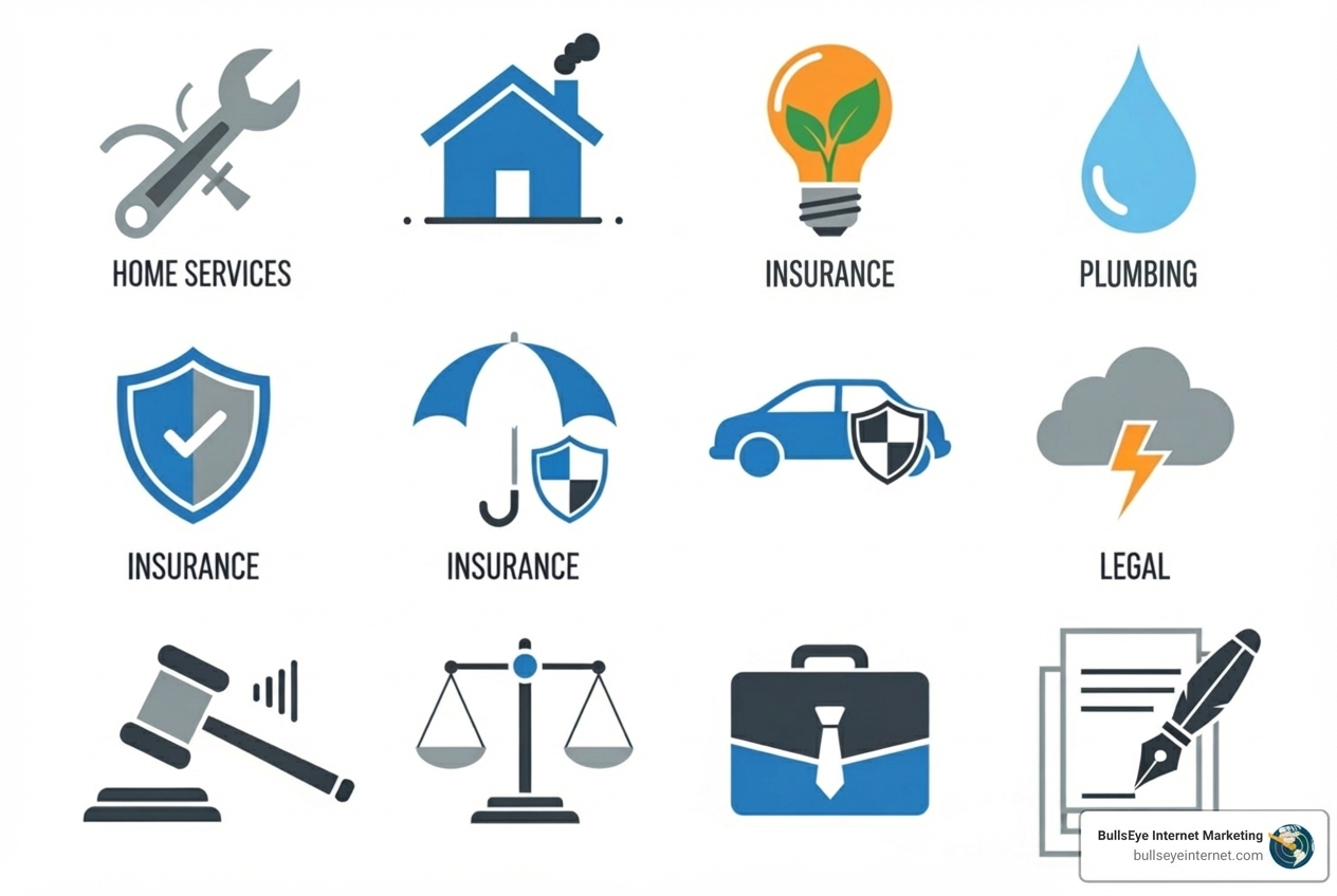 Icons representing various industries related to Pay Per Call advertising, including home services, insurance, plumbing, and legal services, with a focus on immediate customer needs and high-value consultations.