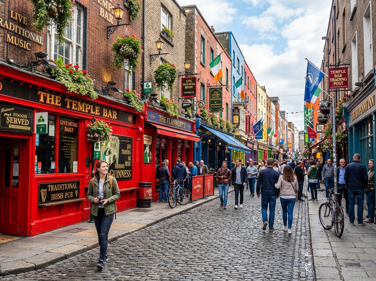 Dublin’s historic Temple Bar district with its colorful storefronts and cobblestone streets - top solo traveler spots