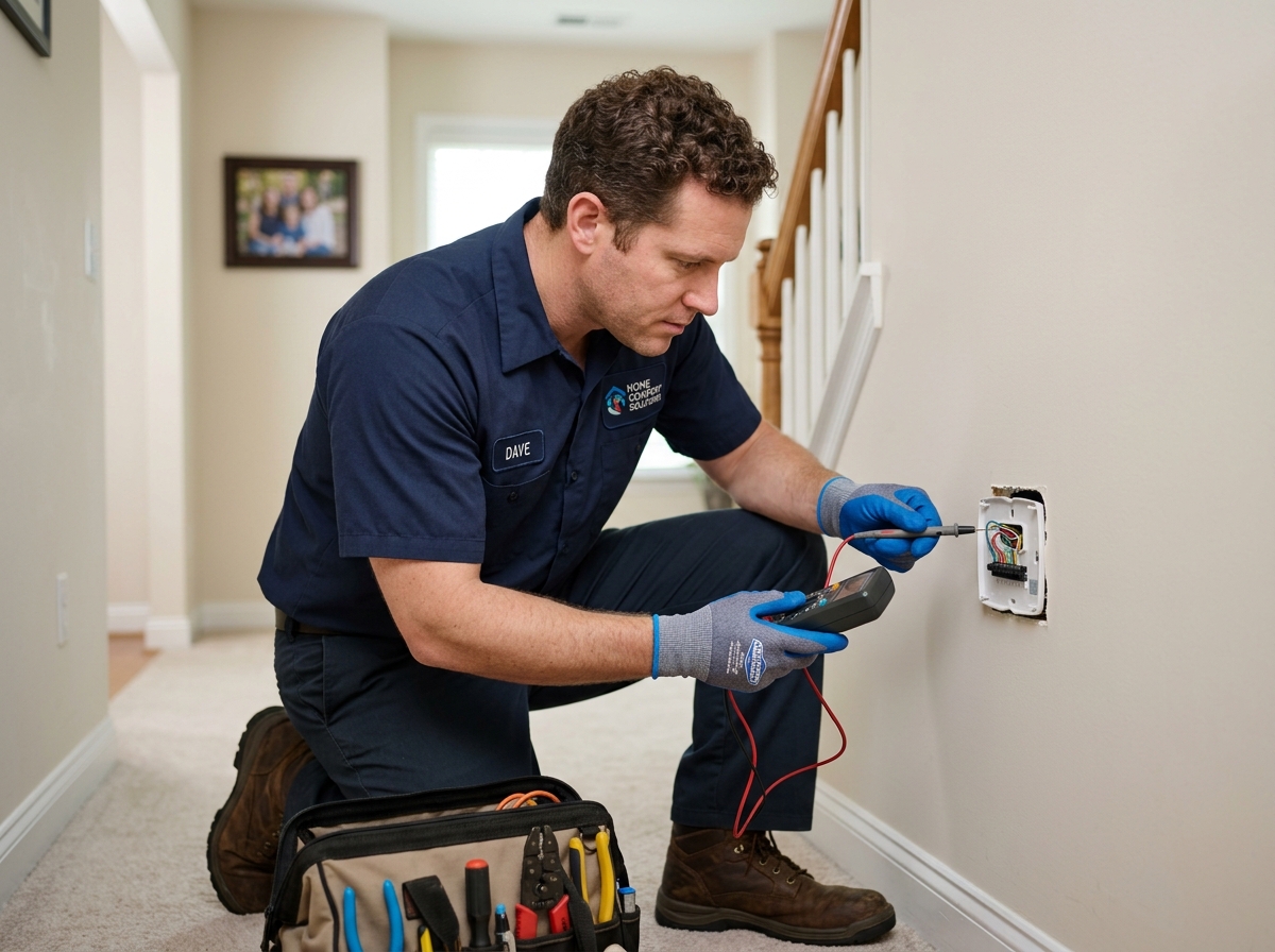 Professional HVAC technician inspecting thermostat wiring and system compatibility - thermostat installation cost Professional HVAC technician inspecting thermostat wiring and system compatibility - thermostat installation cost