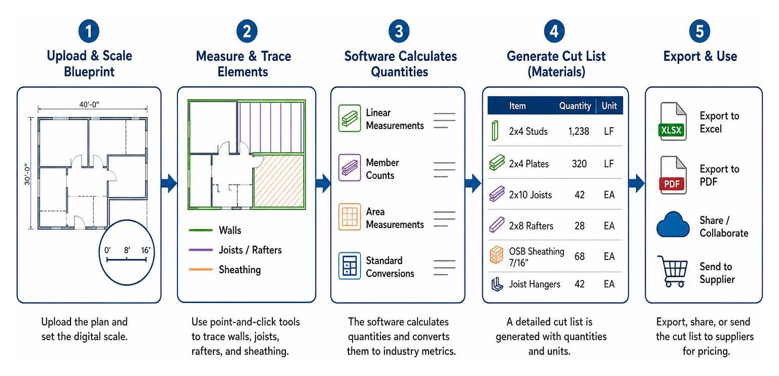 Process diagram showing how blueprint data is extracted and converted to a cut list Process diagram showing how blueprint data is extracted and converted to a cut list