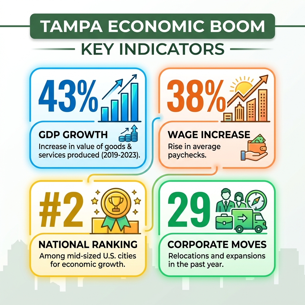 Infographic showing Tampa economic boom key indicators: 43% GDP growth, 38% wage increase, #2 national ranking, 29 corporate